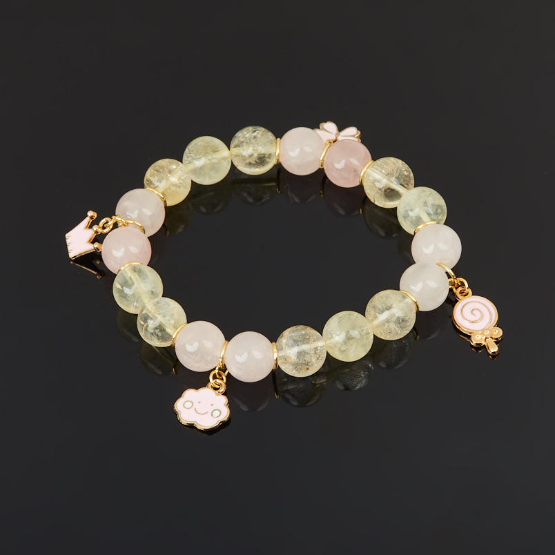 Браслет микс розовый кварц, цитрин (биж. сплав, сталь хир. позолота) 10 мм 16 см