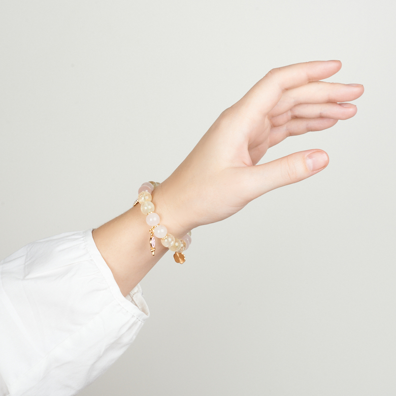 Браслет микс розовый кварц, цитрин (биж. сплав, сталь хир. позолота) 10 мм 16 см