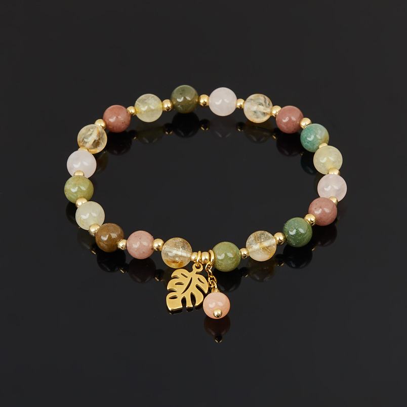 Браслет микс авантюрин, агат, розовый кварц (сталь хир. позолота) 6 мм 16 см