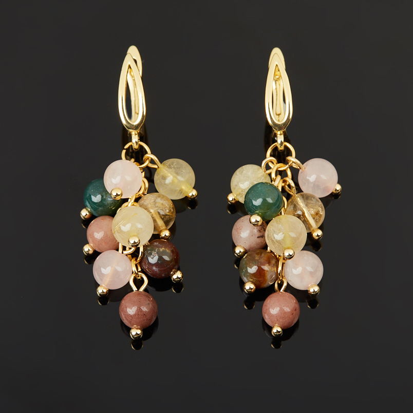 Серьги микс авантюрин, агат, розовый кварц (сталь хир. позолота)