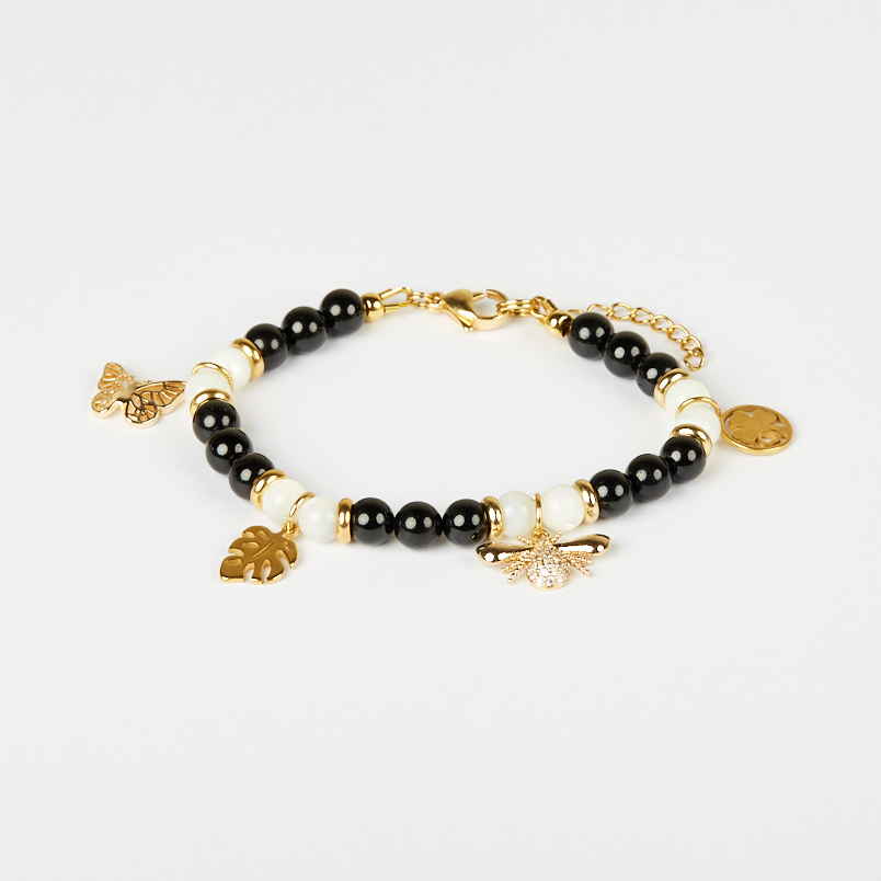 Браслет микс агат, перламутр (сталь хир. позолота) 6 мм 16 см (+3 см)