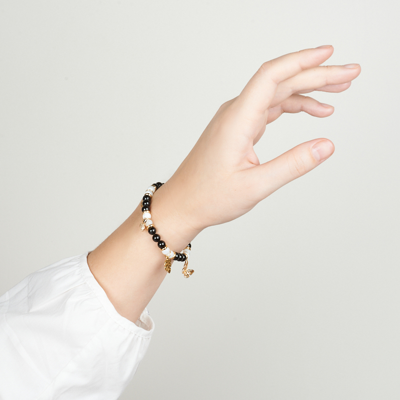 Браслет микс агат, перламутр (сталь хир. позолота) 6 мм 16 см (+3 см)