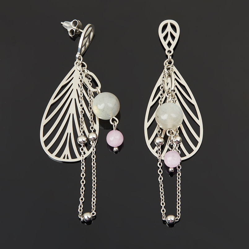 Серьги микс кунцит, лабрадор (сталь хир.) пуссеты