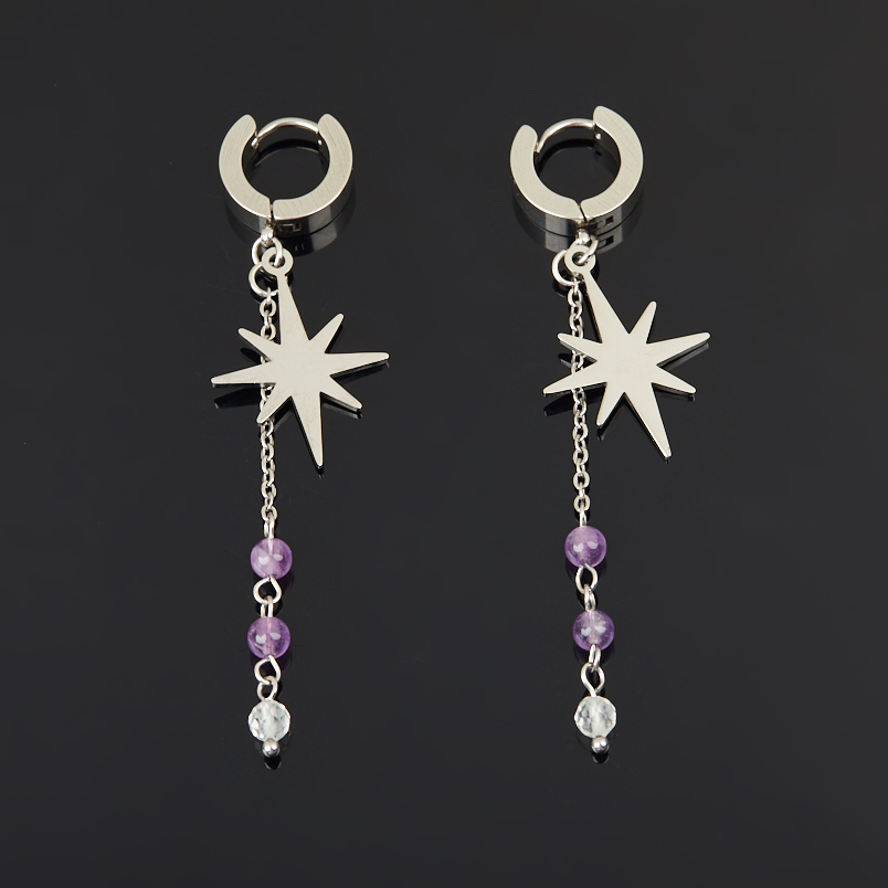 Серьги микс аметист, горный хрусталь (сталь хир.)