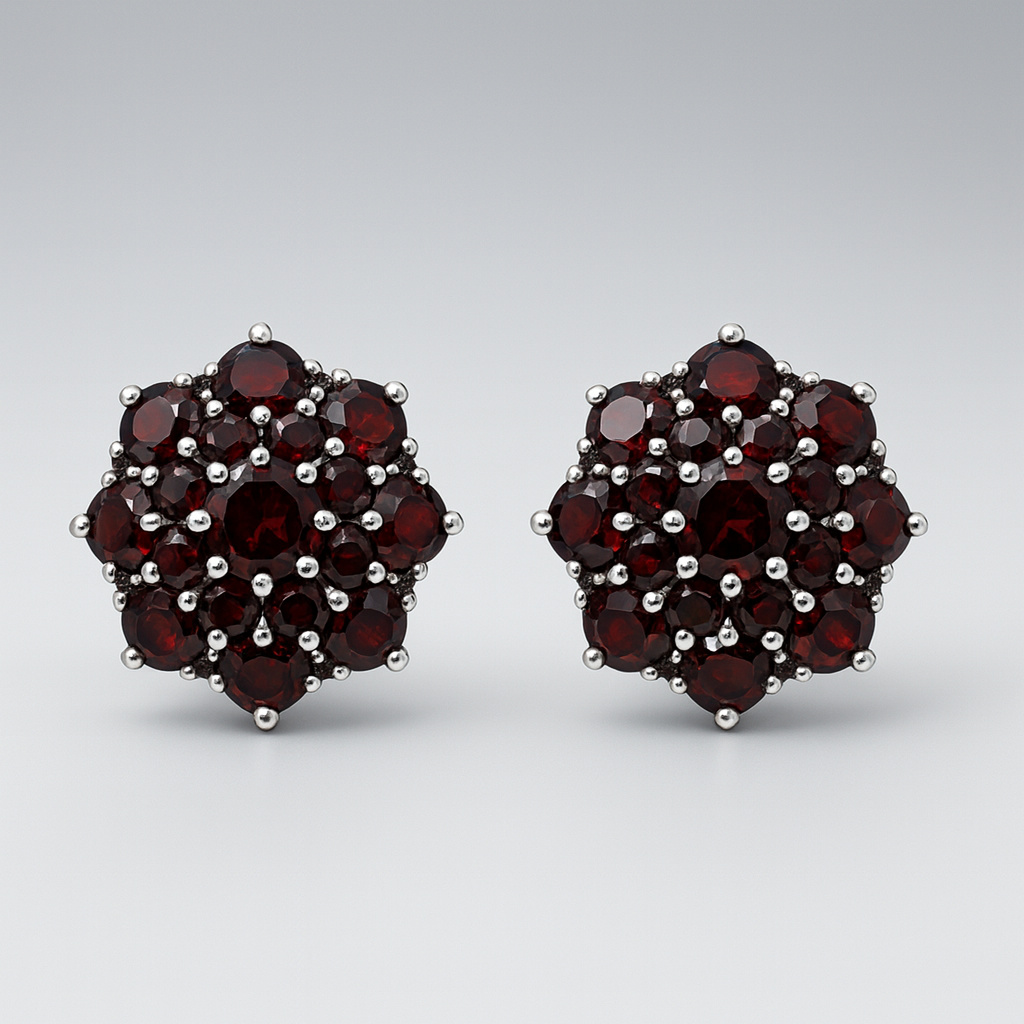 Серьги гранат альмандин Индия (серебро 925 пр. родир. бел.) пуссеты огранка