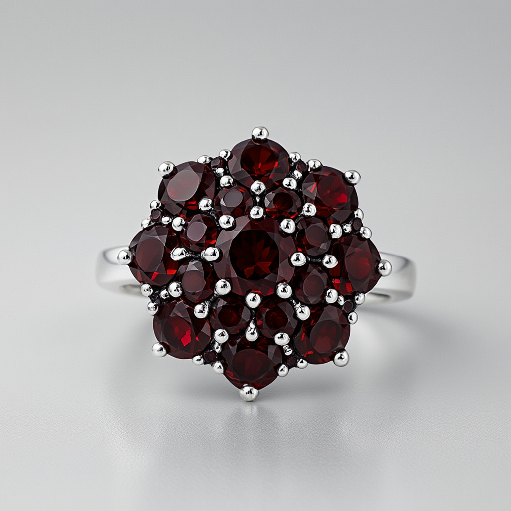 Кольцо гранат альмандин Индия (серебро 925 пр. родир. бел.) огранка размер 18