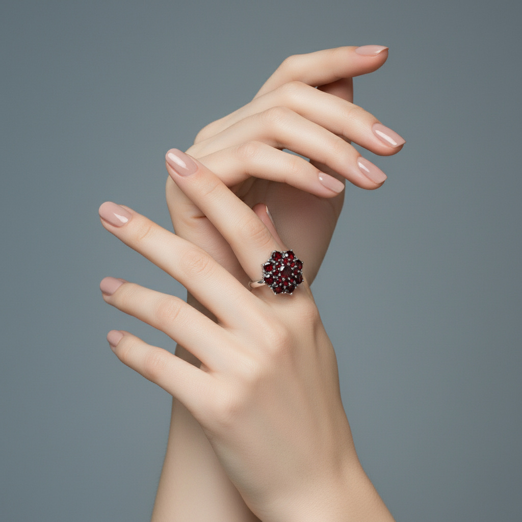 Кольцо гранат альмандин Индия (серебро 925 пр. родир. бел.) огранка размер 18