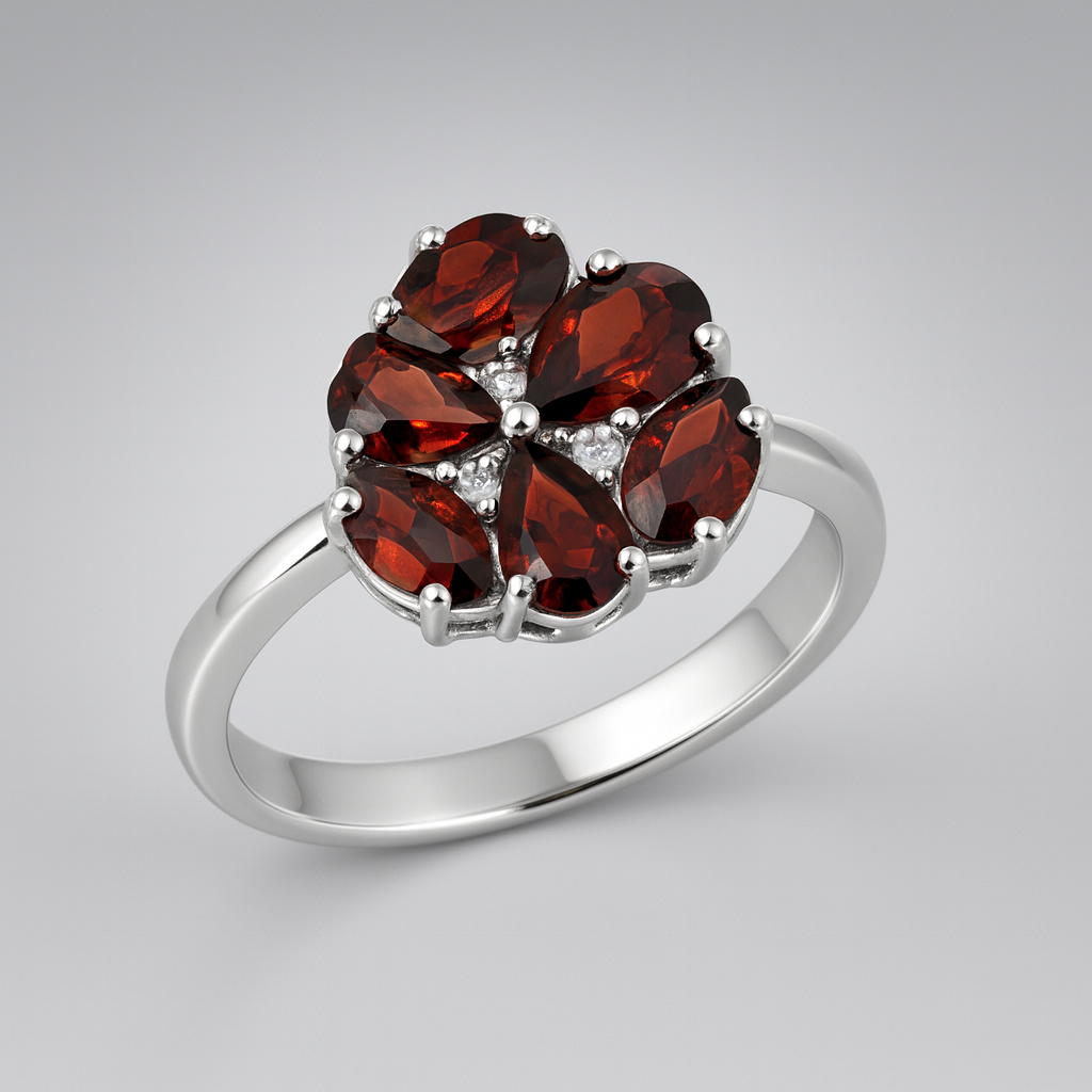 Кольцо гранат альмандин Индия (серебро 925 пр. родир. бел.) огранка размер 18