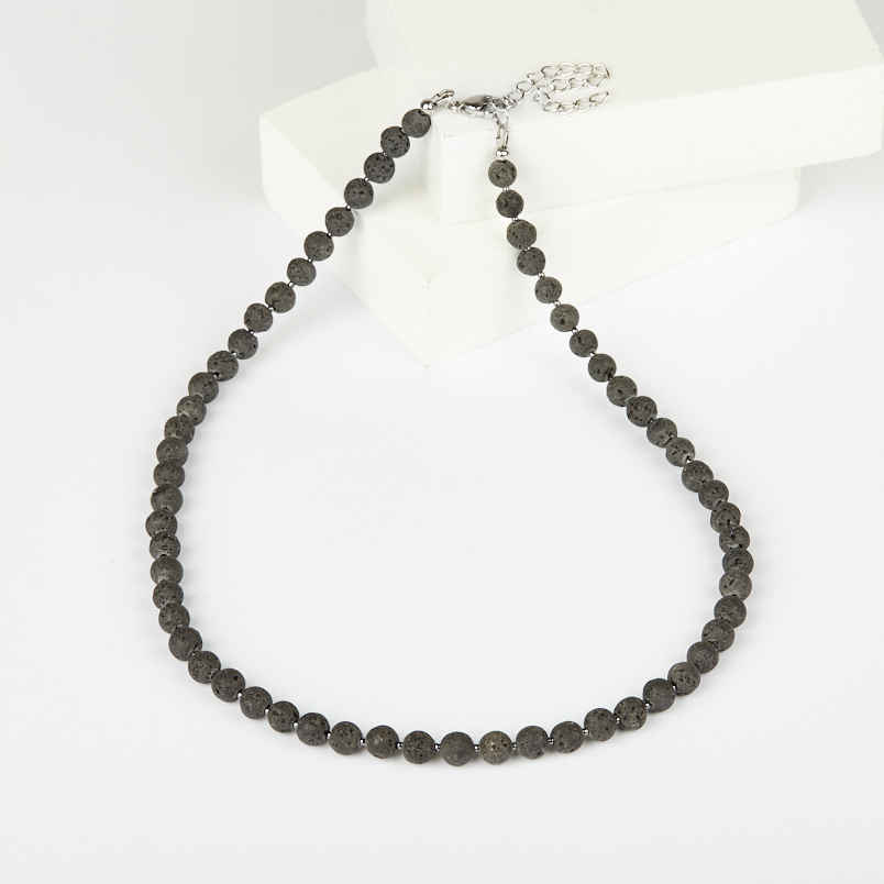 Бусы вулканическая лава Бразилия (сталь хир.) 6 мм 46 см (+7 см)
