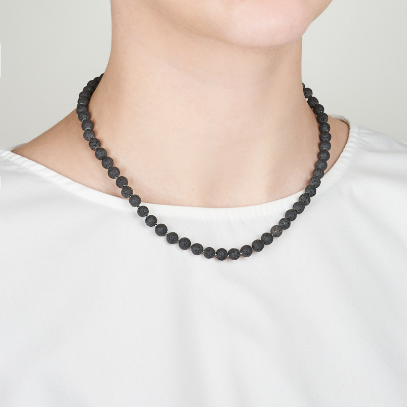 Бусы вулканическая лава Бразилия (сталь хир.) 6 мм 46 см (+7 см)