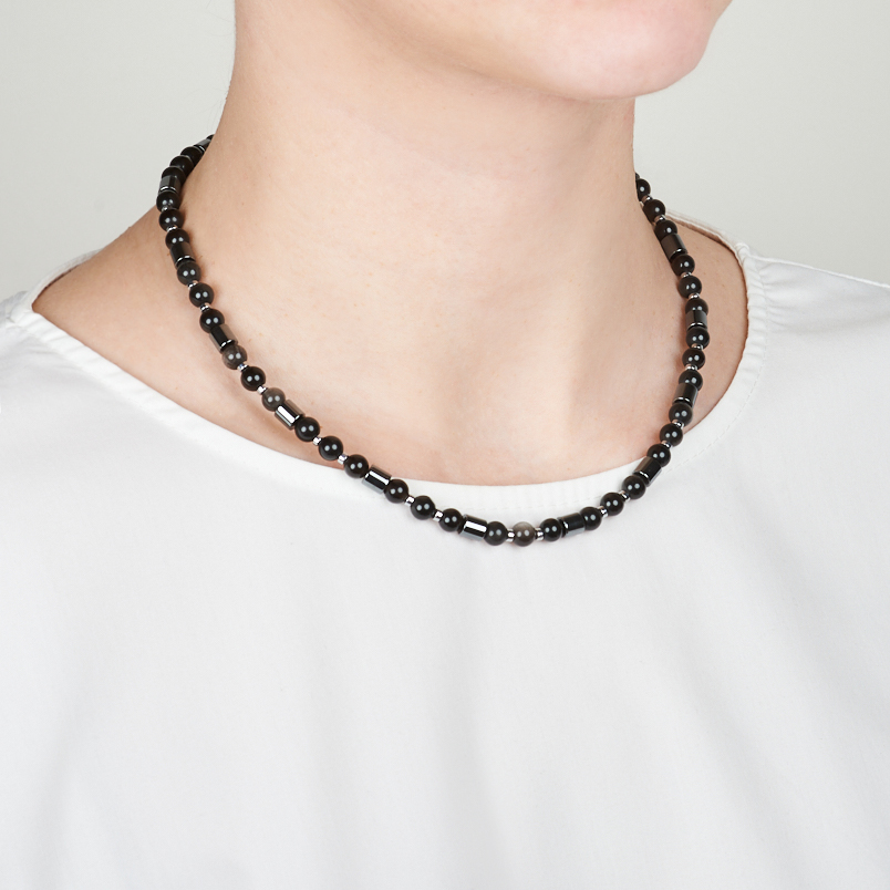 Бусы микс гематит, обсидиан (сталь хир.) 46 см (+7 см)