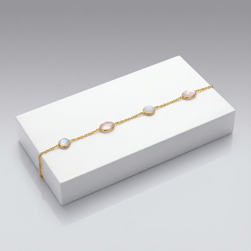 Браслет микс лунный камень, розовый кварц (латунь позолота) огранка 17&nbsp;см (+2&nbsp;см)