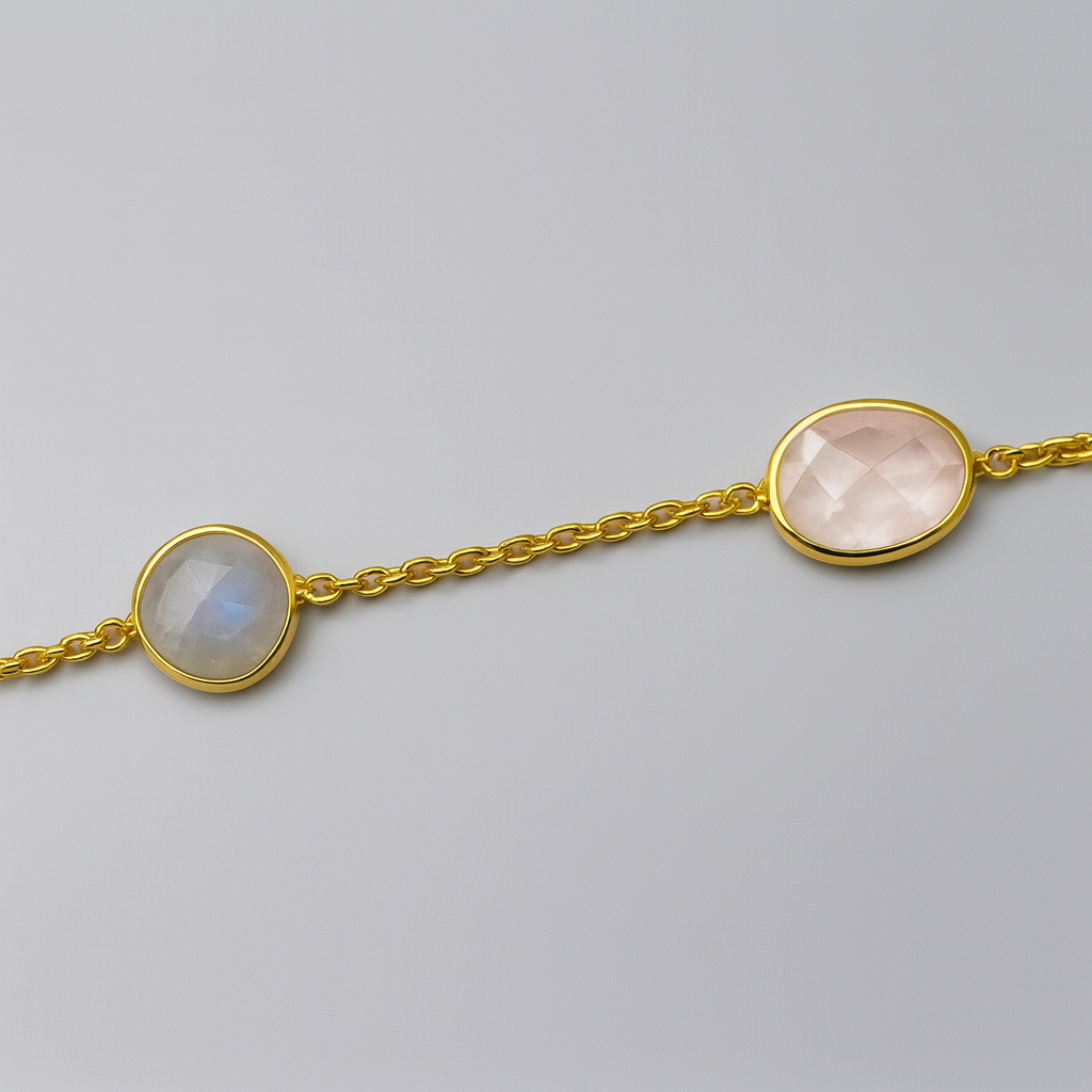 Браслет микс лунный камень, розовый кварц (латунь позолота) огранка 17&nbsp;см (+2&nbsp;см)