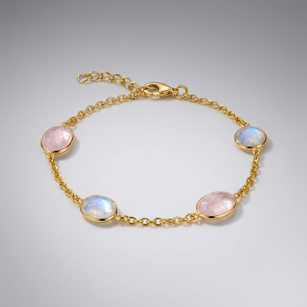 Браслет микс лунный камень, розовый кварц (латунь позолота) огранка 17&nbsp;см (+2&nbsp;см)