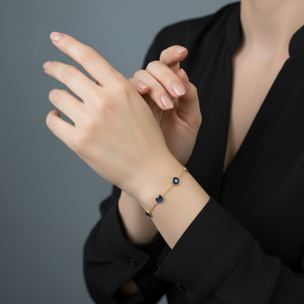 Браслет кианит синий Бразилия огранка 8 мм 16 см (+2 см) (латунь позолота)