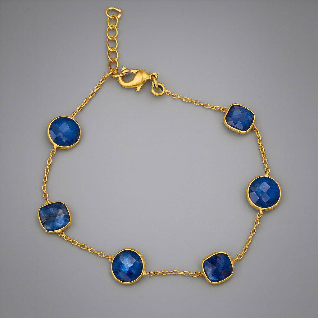 Браслет кианит синий Бразилия огранка 8 мм 16 см (+2 см) (латунь позолота)