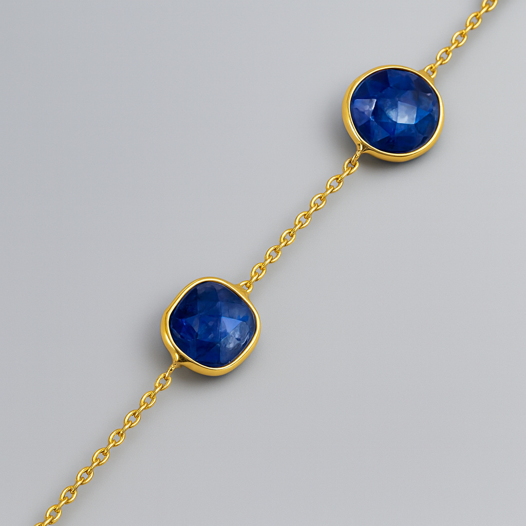 Браслет кианит синий Бразилия огранка 8 мм 16 см (+2 см) (латунь позолота)