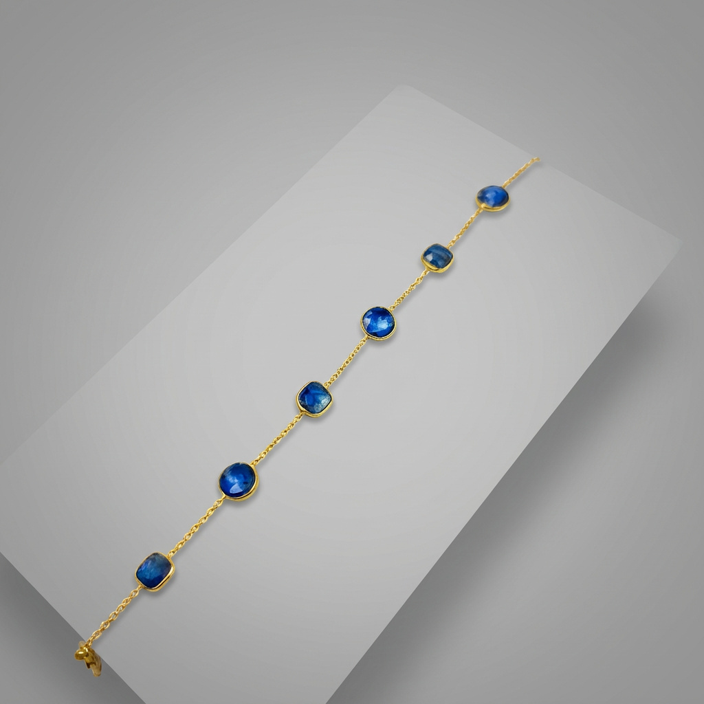 Браслет кианит синий Бразилия огранка 8 мм 16 см (+2 см) (латунь позолота)