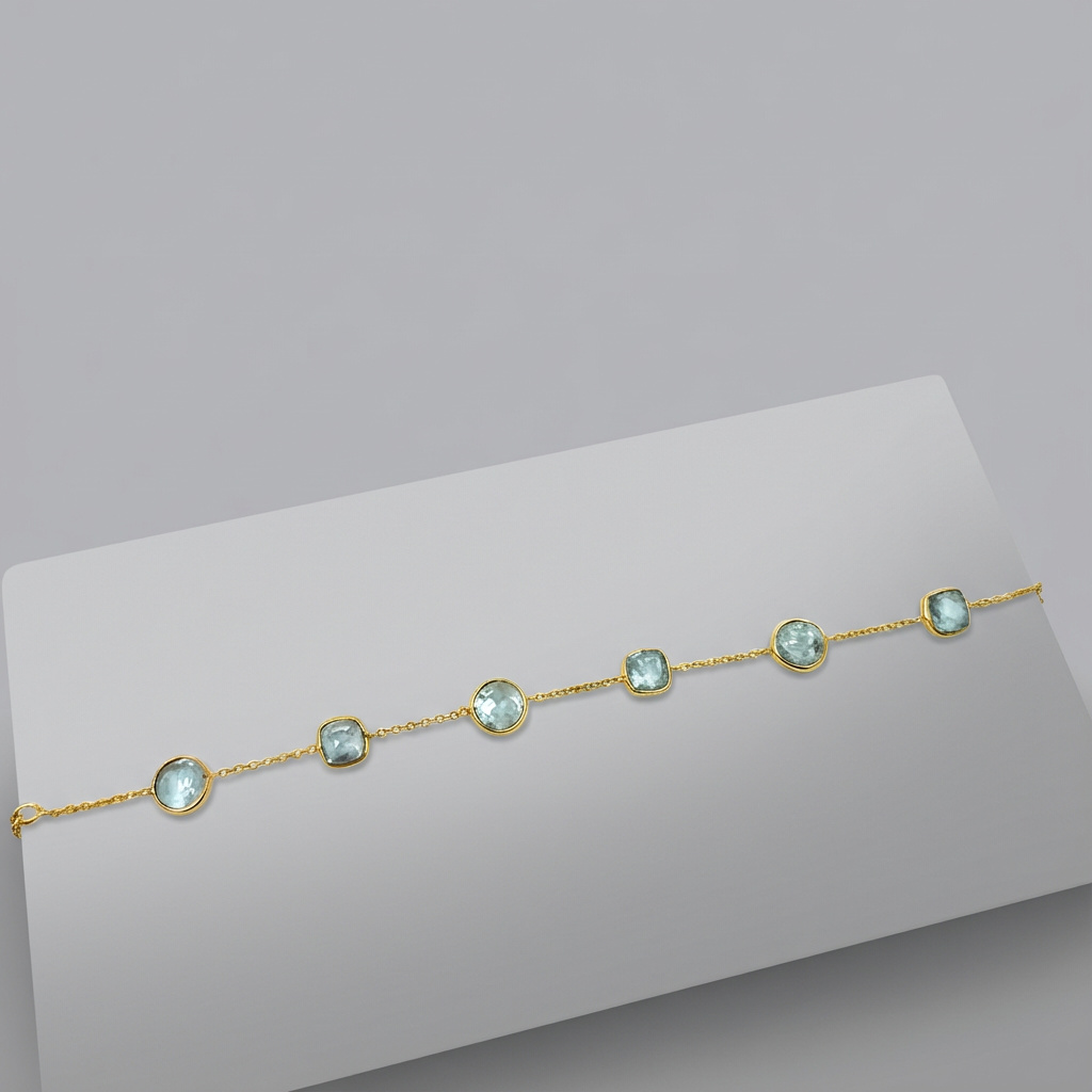 Браслет аквамарин Бразилия (латунь позолота) огранка 8 мм 16 см (+2 см)