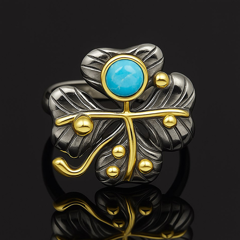 Кольцо бирюза Тибет (серебро 925 пр. позолота, родир. черн.) размер 19