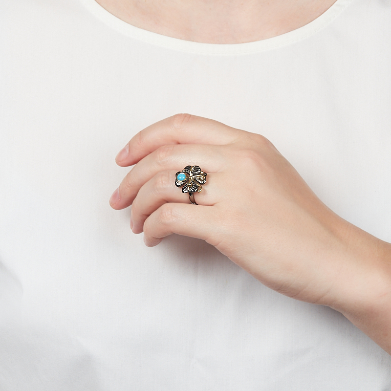 Кольцо бирюза Тибет (серебро 925 пр. позолота, родир. черн.) размер 19