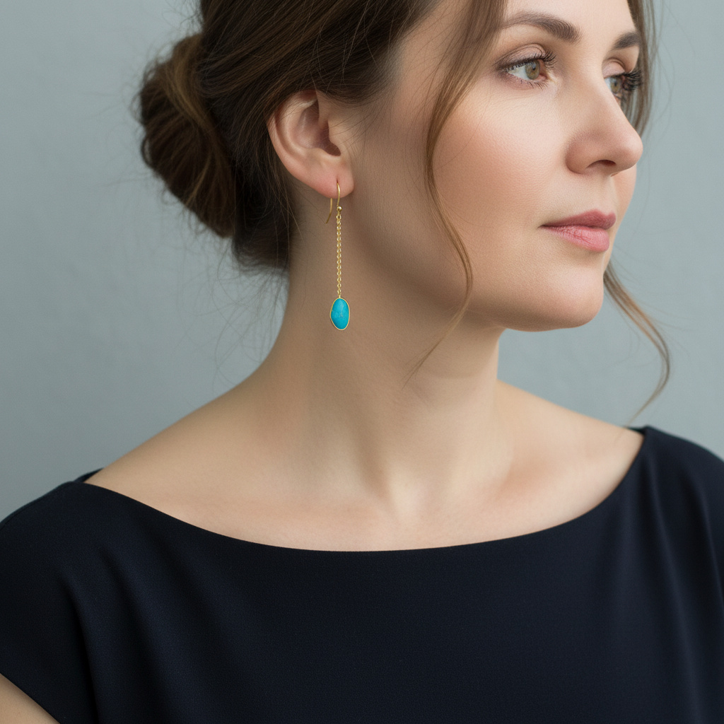 Серьги бирюза Тибет (латунь позолота)