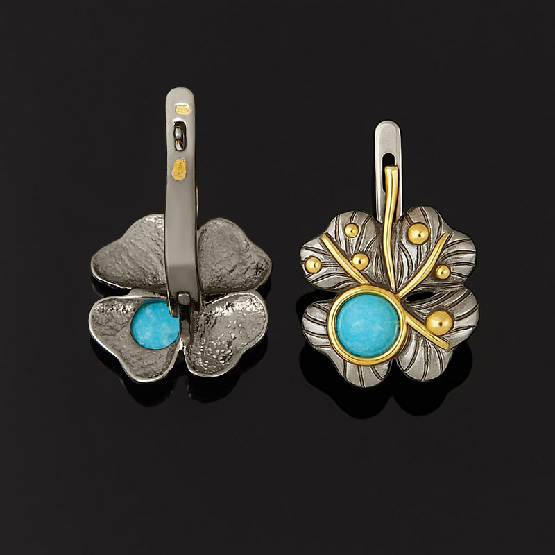 Серьги бирюза Тибет (серебро 925 пр. позолота, родир. черн.)