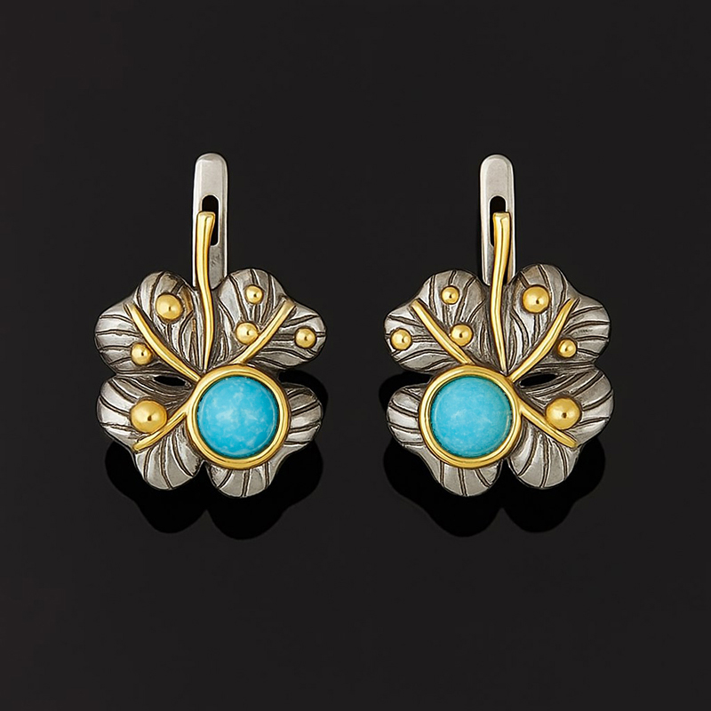 Серьги бирюза Тибет (серебро 925 пр. позолота, родир. черн.)