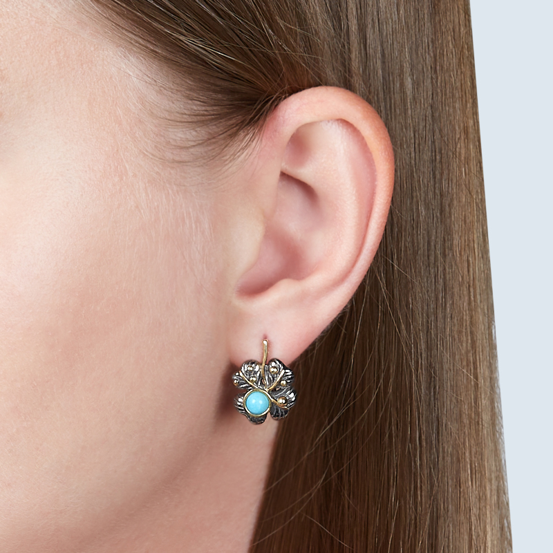 Серьги бирюза Тибет (серебро 925 пр. позолота, родир. черн.)