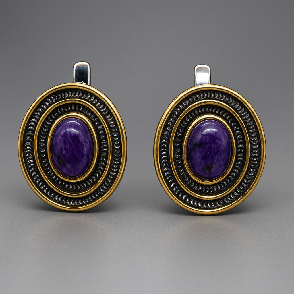 Серьги чароит Россия (серебро 925 пр. позолота, родир. черн.)