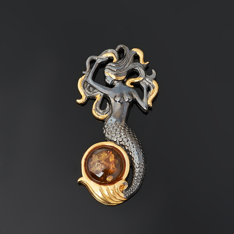 Брошь янтарь Россия (серебро 925 пр. позолота, родир. черн.)