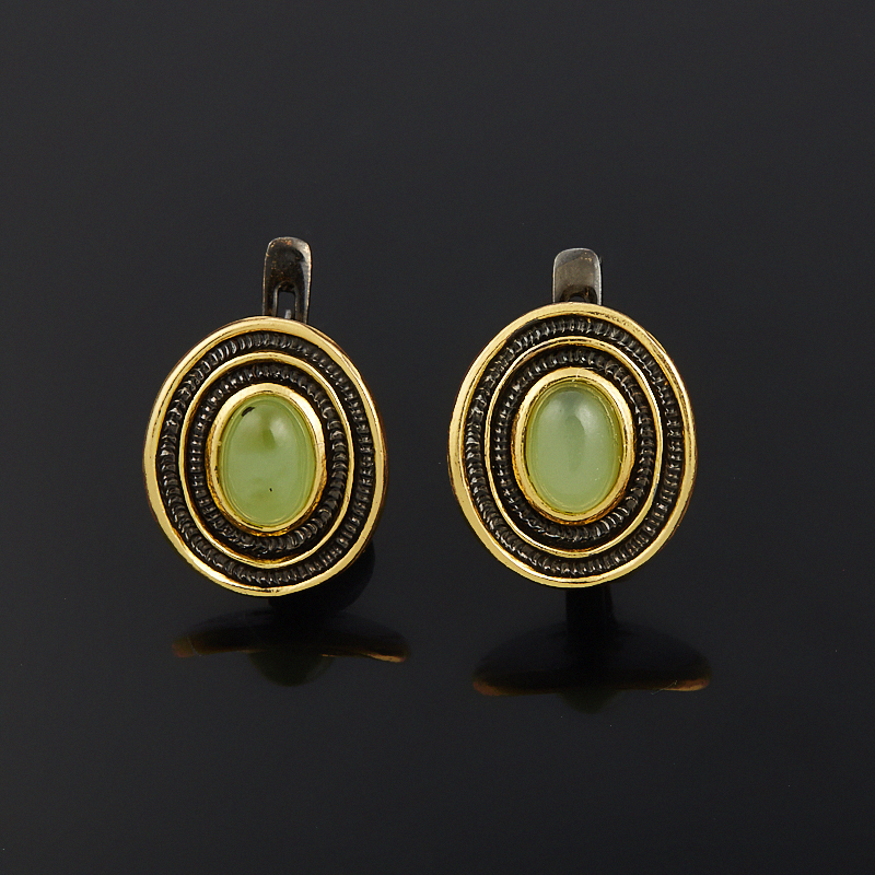 Серьги нефрит зеленый Россия (серебро 925 пр. позолота, родир. черн.)