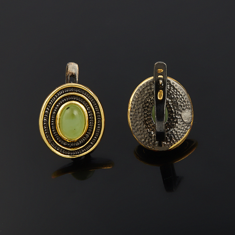 Серьги нефрит зеленый Россия (серебро 925 пр. позолота, родир. черн.)