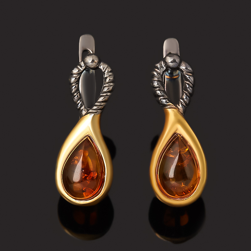 Серьги янтарь Россия (серебро 925 пр. позолота, родир. черн.)
