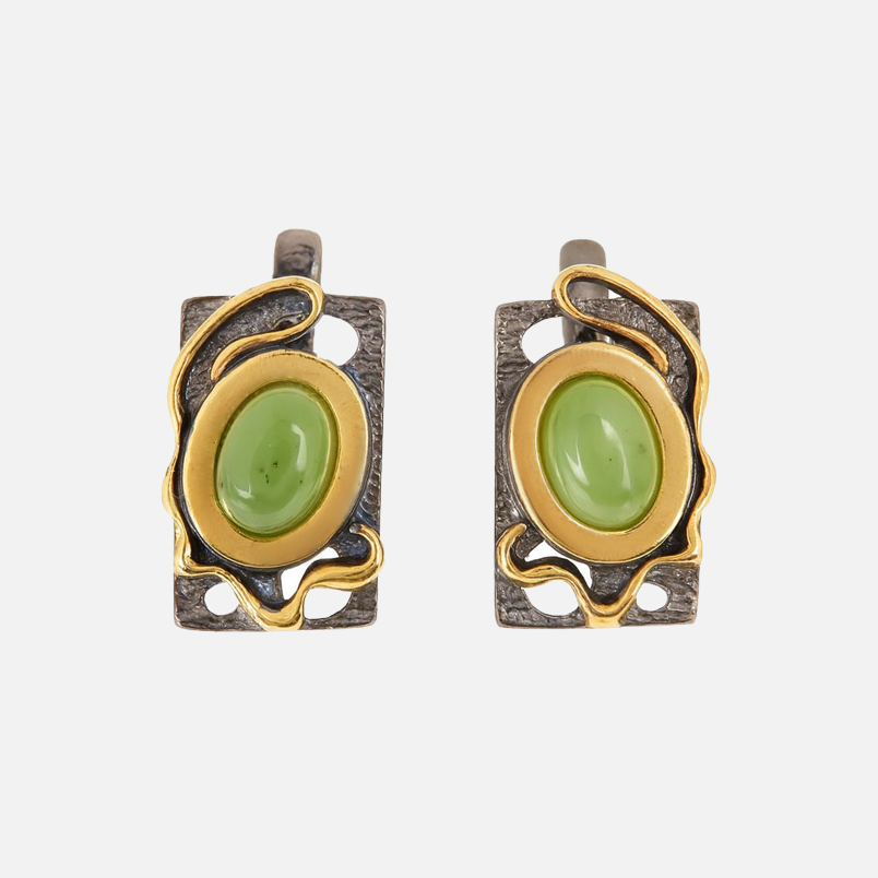 Серьги нефрит зеленый Россия (серебро 925 пр. позолота, родир. черн.)