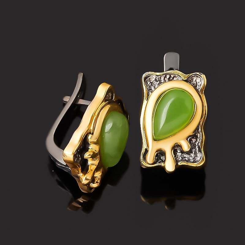 Серьги нефрит зеленый Россия (серебро 925 пр. позолота, родир. черн.)