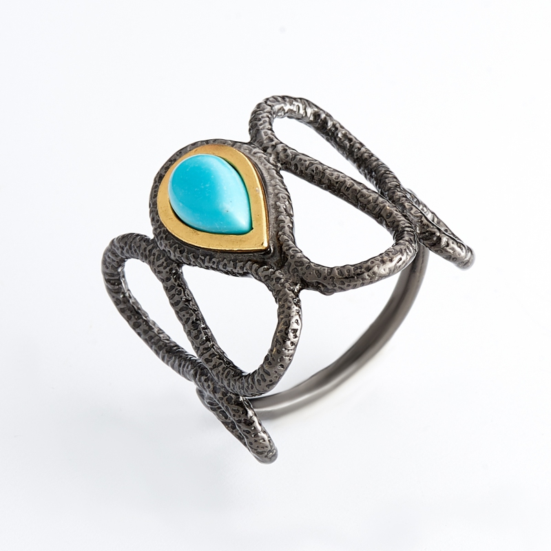 Кольцо бирюза Тибет (серебро 925 пр. позолота, родир. черн.) размер 18