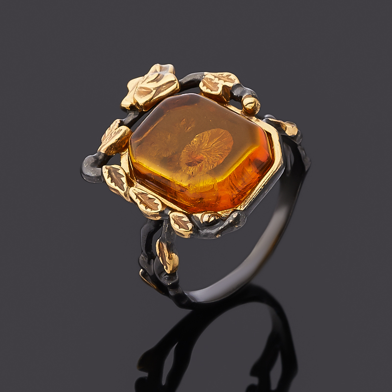 Кольцо янтарь пресс Россия (серебро 925 пр. позолота, родир. черн.) размер 21