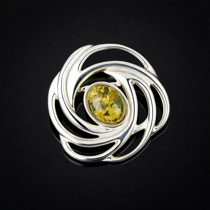 Брошь янтарь Россия (серебро 925 пр. посеребр.)