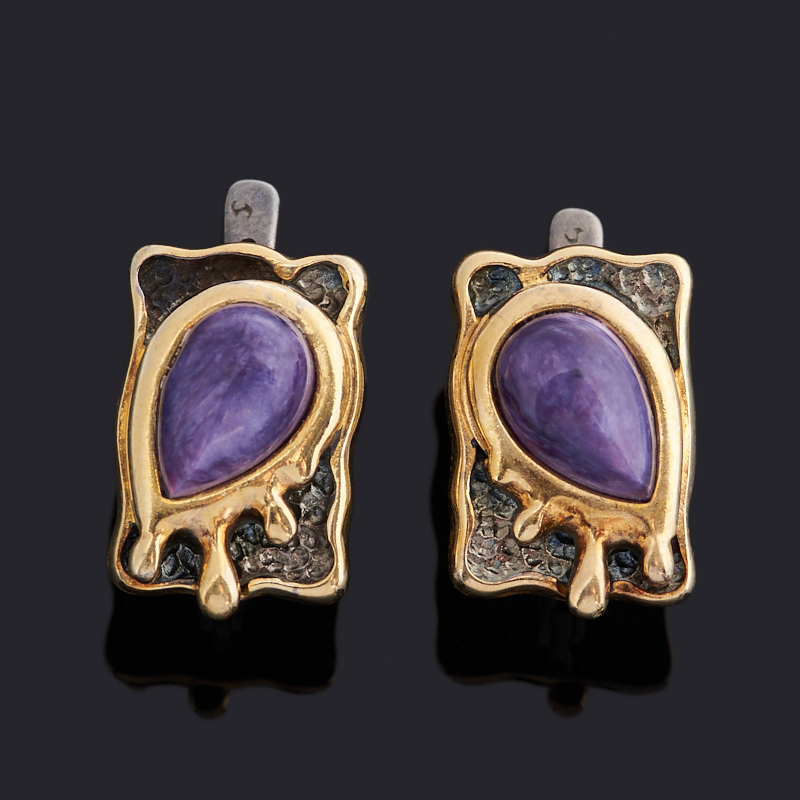 Серьги чароит Россия (серебро 925 пр. позолота, родир. черн.)