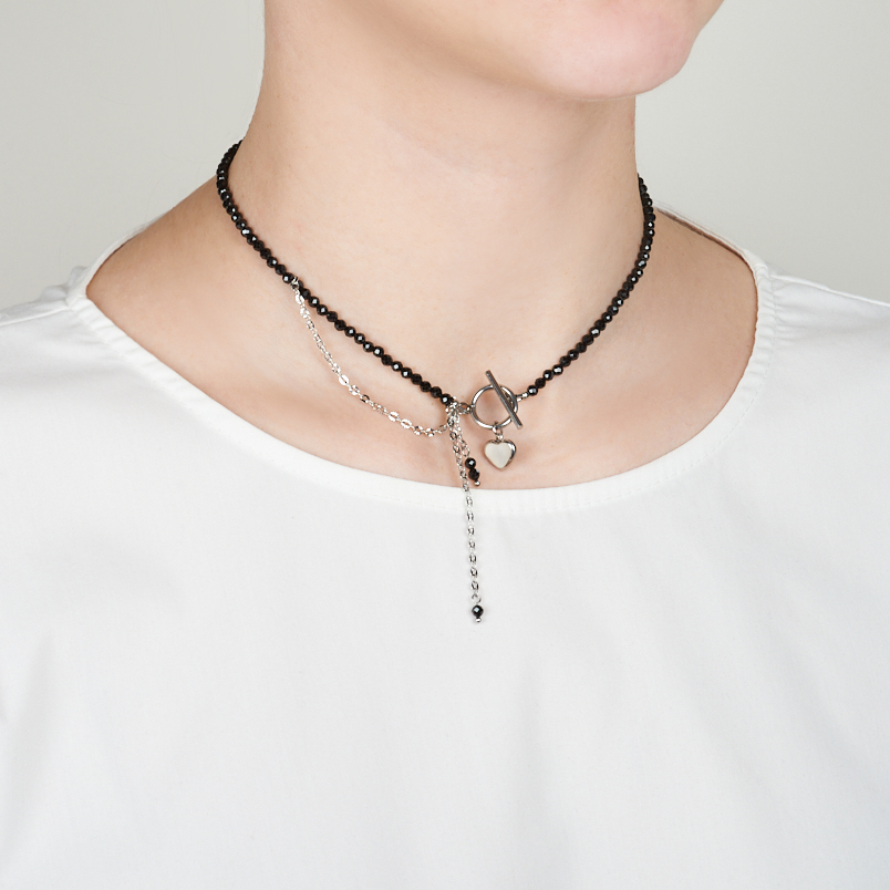 Бусы турмалин черный (шерл) Бразилия (колье) огранка 3 мм 40 см (+7 см) (сталь хир.)