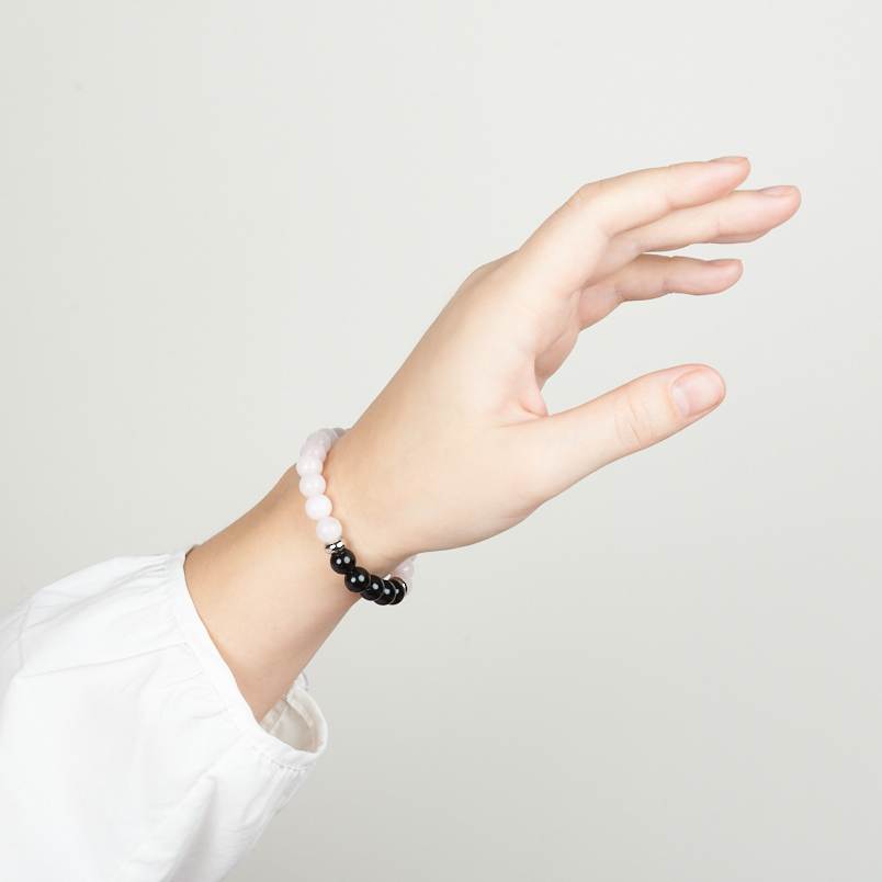 Браслет микс обсидиан, розовый кварц (сталь хир.) 8 мм 17 см