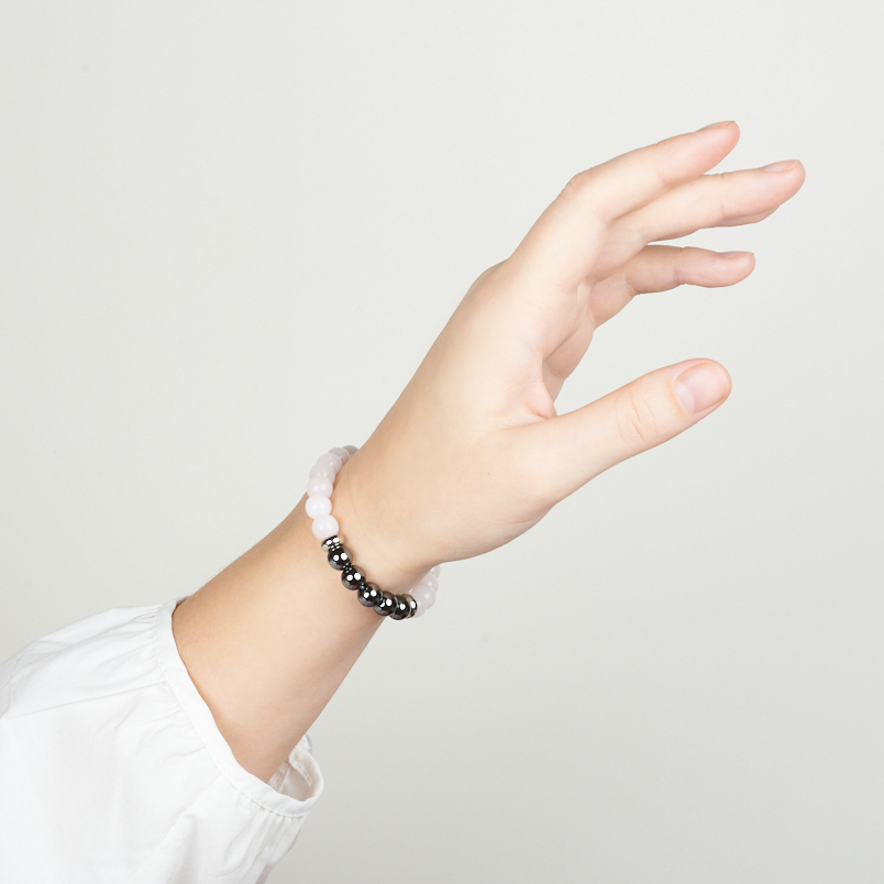 Браслет микс гематит, розовый кварц (сталь хир. позолота) 8 мм 16 см