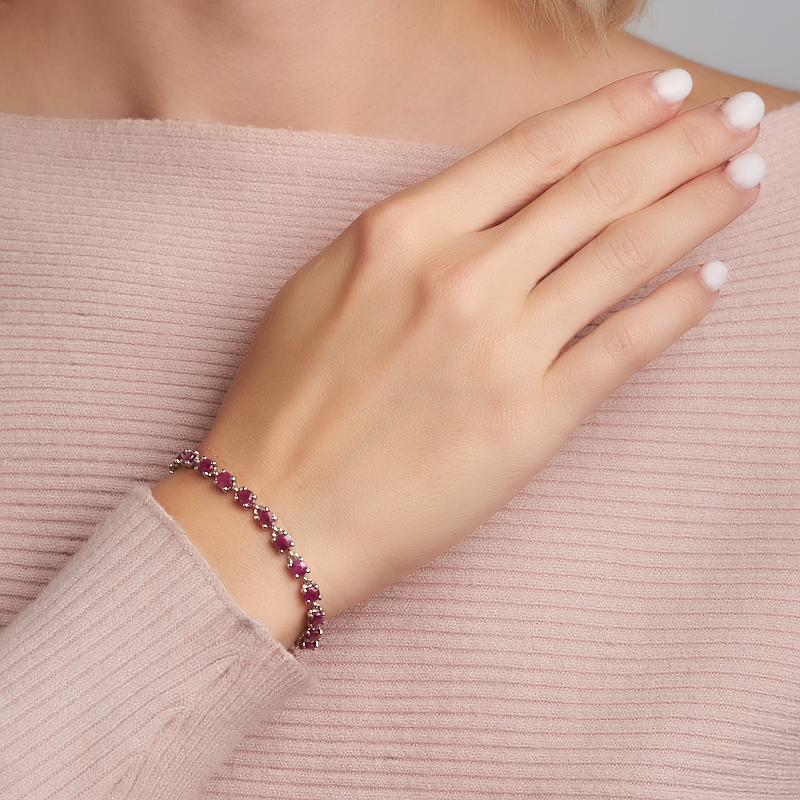 Браслет рубин Мьянма (серебро 925 пр. родир. бел.) огранка 4 мм 18 см (+4 см)