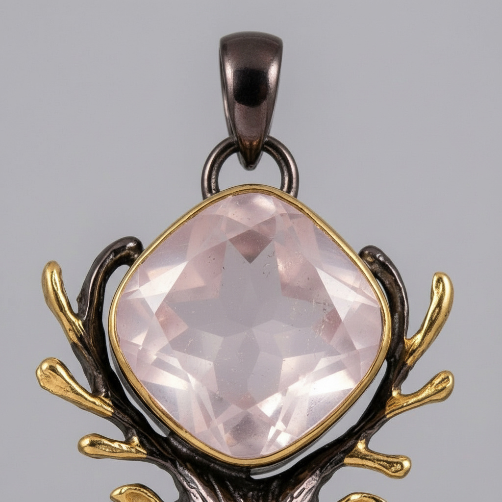 Кулон розовый кварц Бразилия (латунь оксидир., позолота) огранка 2,5 см