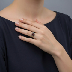 Кольцо гранат альмандин Индия (серебро 925 пр. позолота, родир. черн.) огранка размер 17,5