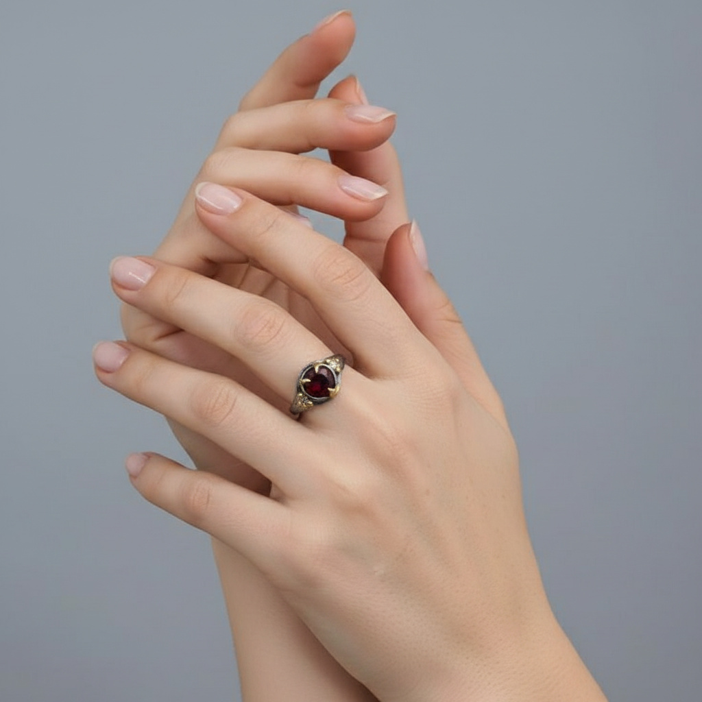 Кольцо гранат альмандин Индия (серебро 925 пр. позолота, родир. черн.) огранка размер 17,5
