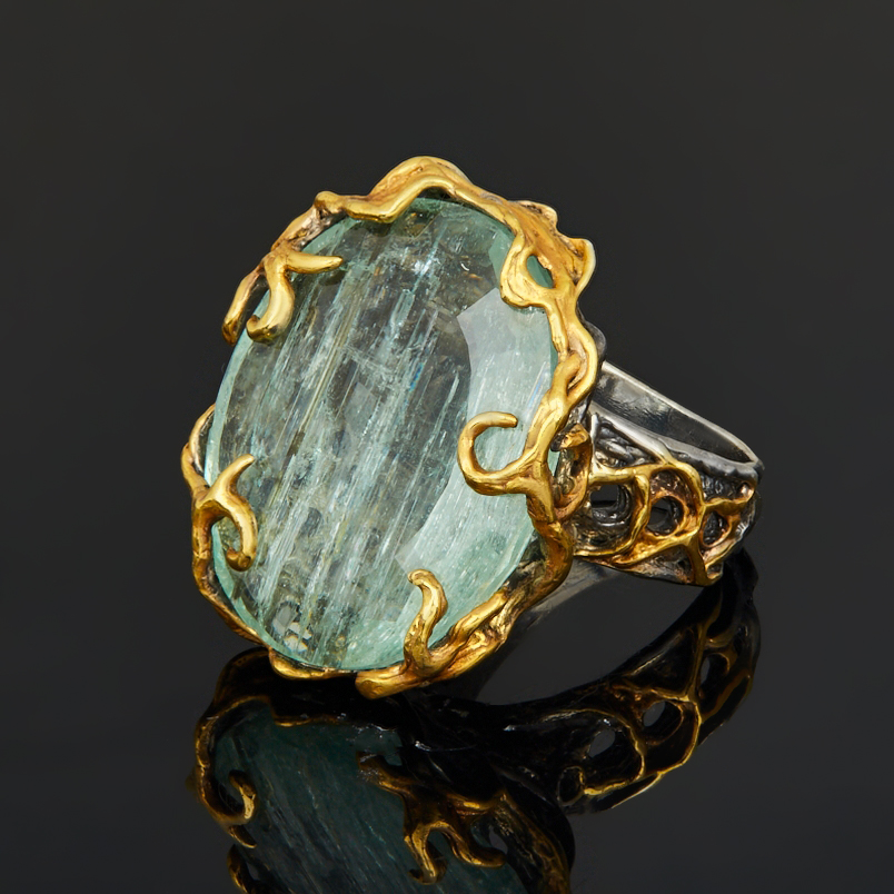 Кольцо аквамарин Россия (серебро 925 пр. позолота, родир. черн.) огранка размер 18,5