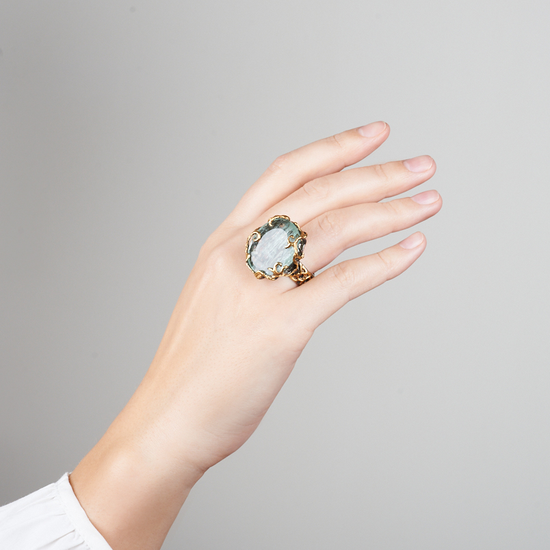 Кольцо аквамарин Россия (серебро 925 пр. позолота, родир. черн.) огранка размер 18,5