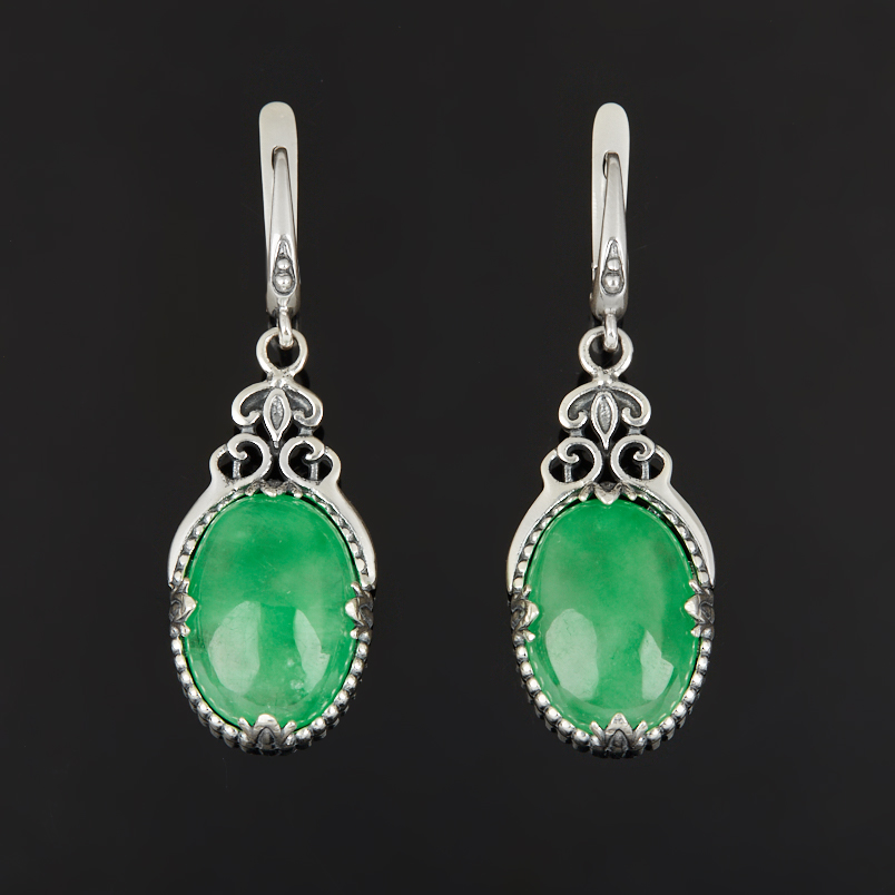 Серьги жадеит Россия (серебро 925 пр. оксидир.)